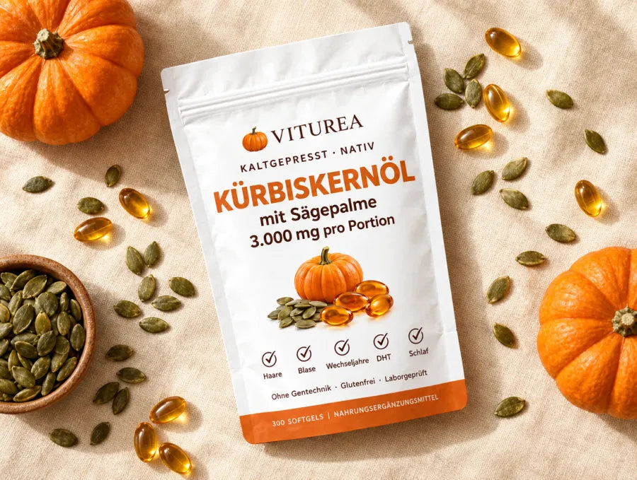 Viturea Kürbiskernöl Beutel mit Kürbiskernen und Weichkapseln