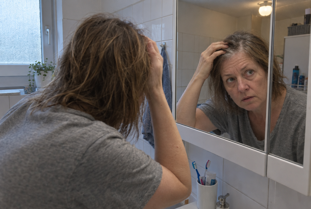 Frau prüft ihren Haaransatz im Badezimmerspiegel