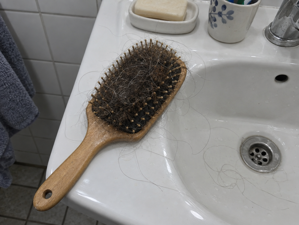 Haarbürste voller ausgefallener Haare auf dem Waschbecken