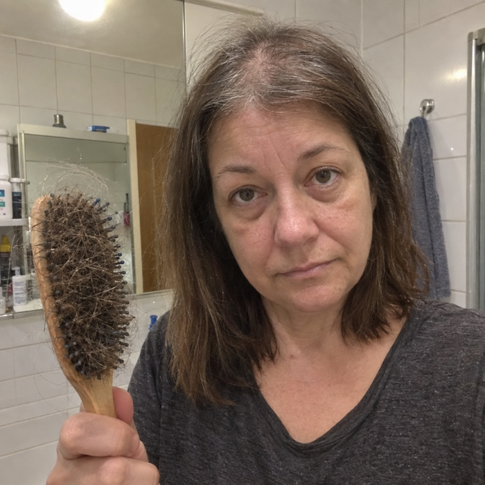 Vorher: Frau mit Bürste voller Haare